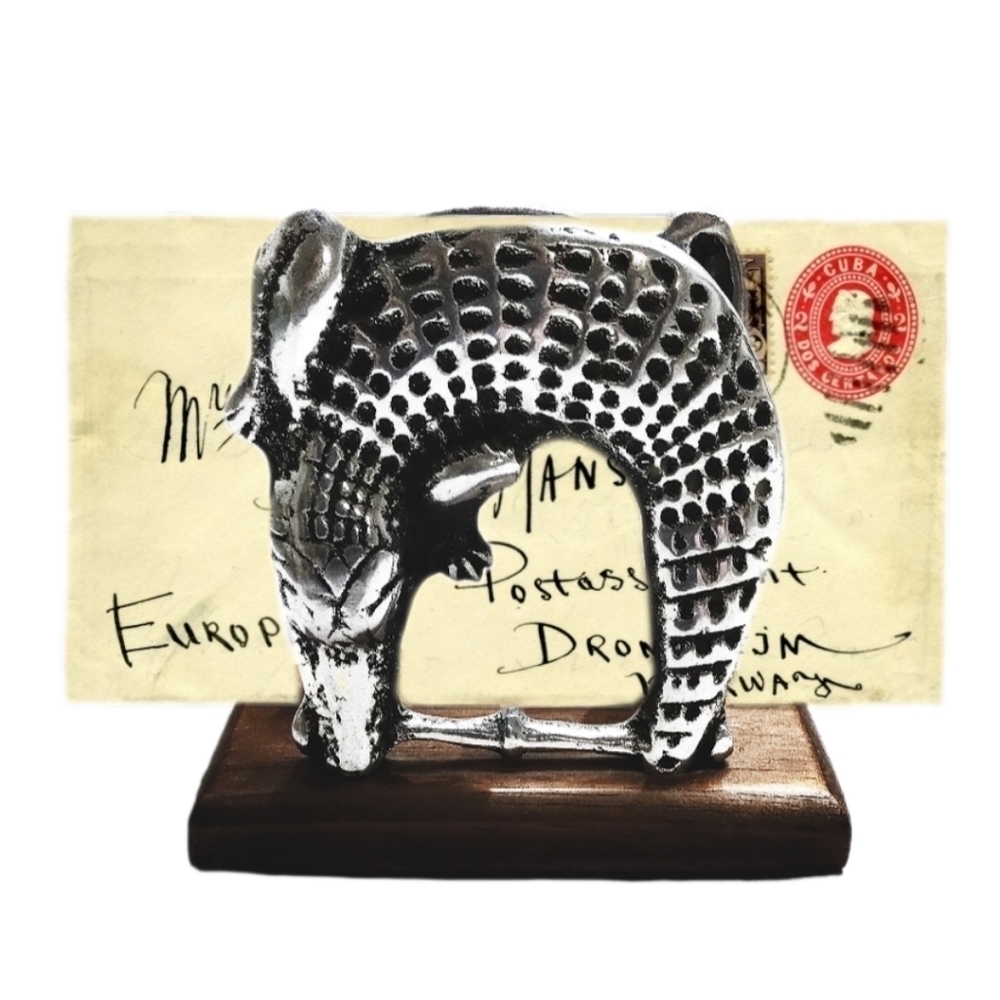 Vintage Cast Metal Crocodile Walnut Letter Holder